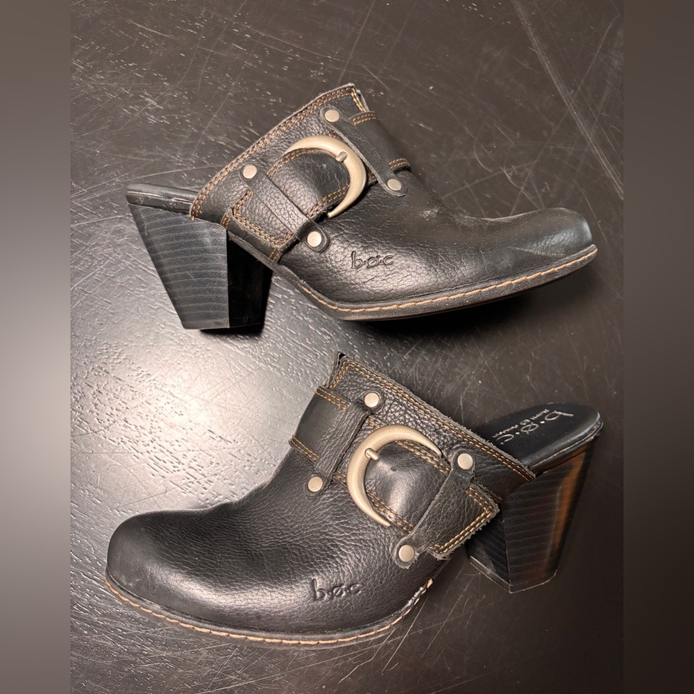 BOC Leather Heeled Mule Clogs Black Buckle Boho Y2K Size 7